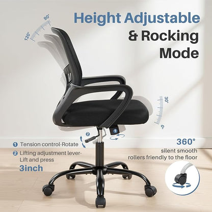 DUMOS Home Office Chair - Ergonomic Mid Back Mesh Desk Chair with Lumbar Support & Rocking Mode, Height Adjustable, Fixed Armrest, for Conference, Computer, 360° Swivel, Adults, Black