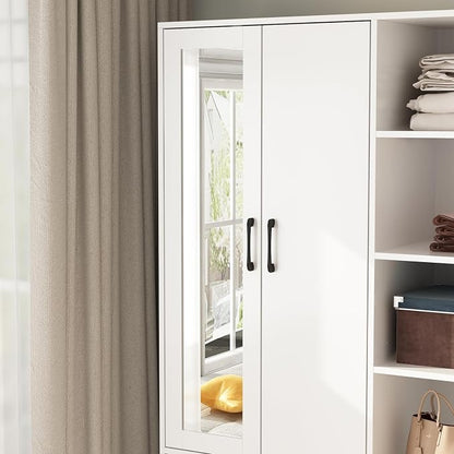 Homsee Wardrobe Armoire Wooden Closet with Mirror, 2 Doors, 2 Drawers, 4 Open Storage Cubes and Hanging Rod for Bedroom, White