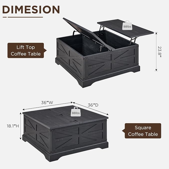 JXQTLINGMU Farmhouse Lift Top Coffee Table with Large Storage, 36" Square Wood Living Room Table with Hidden Compartment, Lift Tabletop Dining Table for Home, Black
