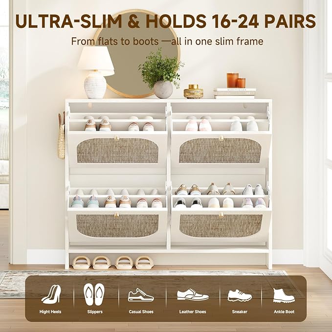 Nicetree Freestanding Ultra Slim Arched Rattan Accent Shoe Storage Cabinet for Entryway - 4 Flip Drawers & 3-Tier Adjustable Shelves, Farmhouse Modern Rustic Shoe Rack for Hallway Foyer,Cloud White