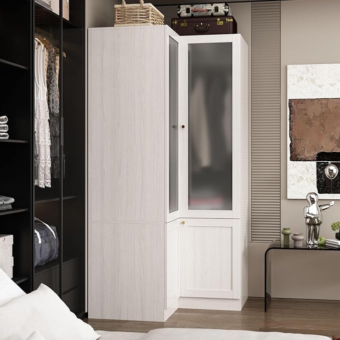 MOUMON Corner Wardrobe, L-Shaped Modern Bedroom Armoires with Frosted Glass Doors and Hanging Rod, Corner Armoire Wardrobe Closet, Wood Grain 35.4" W x 35.4" D x 70.9" H