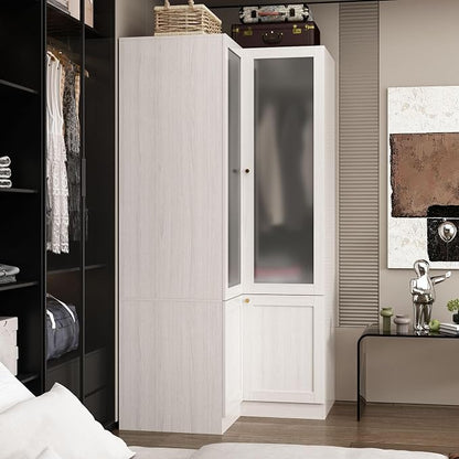 MOUMON Corner Wardrobe, L-Shaped Modern Bedroom Armoires with Frosted Glass Doors and Hanging Rod, Corner Armoire Wardrobe Closet, Wood Grain 35.4" W x 35.4" D x 70.9" H