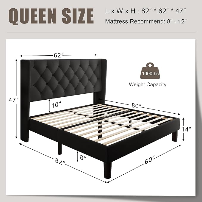 Einhomn Black Queen Size Platform Bed Frame with Fabric Upholstered Wingback Headboard, 12" Under Bed Space, Wooden & Metal Slats Support, No Box Spring Needed