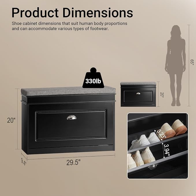 Haotian Shoe Storage Bench with Cushion, Black Narrow Shoe Rack for Entryway, Small Shoe Cabinet with Flip-Drawer, Closet Hallway Mudroom FSR82-L-SCH