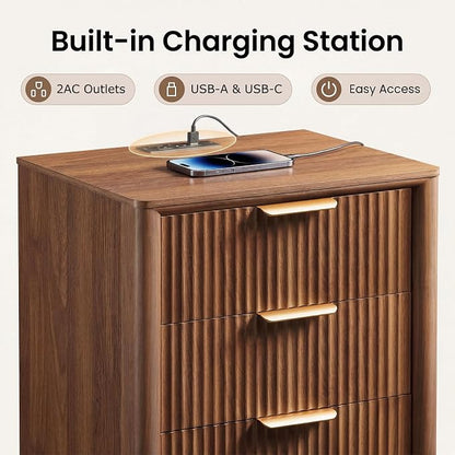 LYNCOHOME 23" Fluted Nightstands Set of 2 with Charging Station, 3 Drawer Bedside Table, Modern Night Stand with Curved Edge, Wooden End Table for Bedroom, Rounded Night Stand with Storage, Walnut