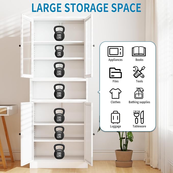 72" H White Steel Kitchen Pantry Storage Cabinets with Glass Doors | Pantry with Glass & Solid Doors, Heavy Duty Freestanding Utility Cabinet for Dining/Living Room, Assembly Required