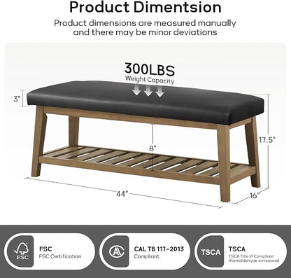 Entryway Bench with Cushion, Upholstered Shoe Rack Bench with Solid Wood Shelf, 44" End of Bed Bench for Bedroom, Chenille Fabric Storage Bench for Entryway, Hallway, Living Room (PU-Black)