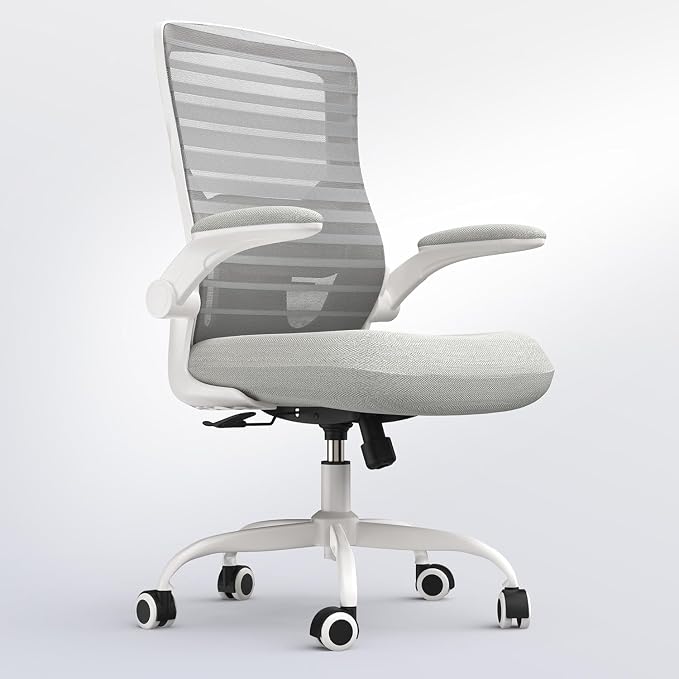 Office Chair for Long Hours & Back Pain Relief – 4" Molded Foam Cushion, Padded Lumbar Support, and Padded Flip-up Armrests, Ideal for Office or Study, Light Gray