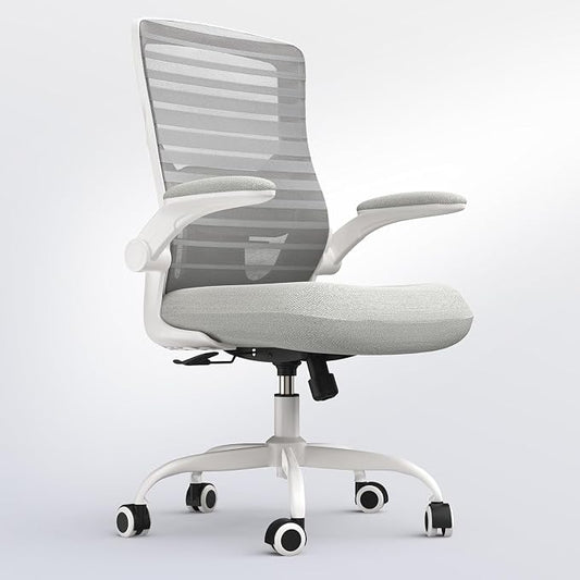 Office Chair for Long Hours & Back Pain Relief – 4" Molded Foam Cushion, Padded Lumbar Support, and Padded Flip-up Armrests, Ideal for Office or Study, Light Gray