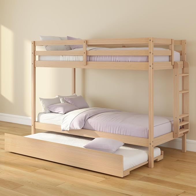 Grain & Grove Bear Twin Over Twin Bunk Bed with Trundle Bed, Sturdy Bunk Bed Frame for Kids, Plywood Bunk with Ladder, Guardrail, and Slats, No Box Spring Required, Oak Embossed Natural