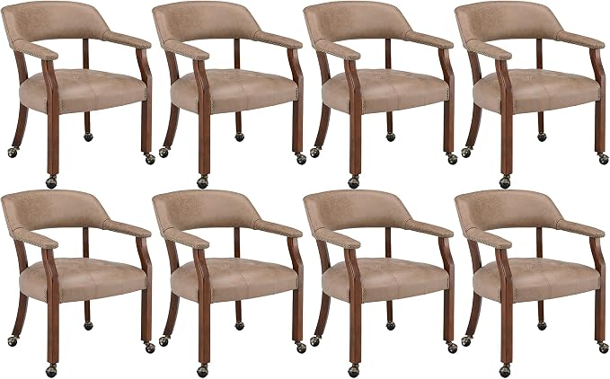 LEEMTORIG Set of 8 Dining Chairs with Casters and Arms, Rolling Dining Chairs with Wheels for Elderly, Ergonomic Wide Seat Wood Office Chair, 26" Dx25.2 W, Cherry Legs&Yellow Brown Fabric SY-1533-LT