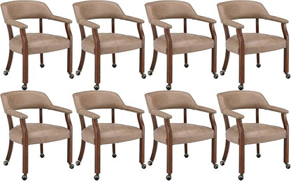 LEEMTORIG Set of 8 Dining Chairs with Casters and Arms, Rolling Dining Chairs with Wheels for Elderly, Ergonomic Wide Seat Wood Office Chair, 26" Dx25.2 W, Cherry Legs&Yellow Brown Fabric SY-1533-LT