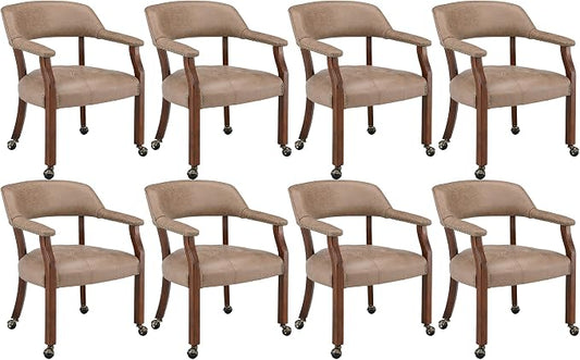 LEEMTORIG Set of 8 Dining Chairs with Casters and Arms, Rolling Dining Chairs with Wheels for Elderly, Ergonomic Wide Seat Wood Office Chair, 26" Dx25.2 W, Cherry Legs&Yellow Brown Fabric SY-1533-LT