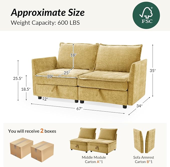 HULALA HOME 67'' Modern Chenille Loveseat Sofa, 2 Seater Couch with Storage, Comfy Deep Seat, Small Loveseat Couches for Living Room Furniture with Pillows, Easy to Install, Cream