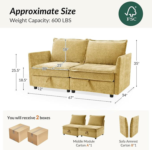HULALA HOME 67'' Modern Chenille Loveseat Sofa, 2 Seater Couch with Storage, Comfy Deep Seat, Small Loveseat Couches for Living Room Furniture with Pillows, Easy to Install, Cream
