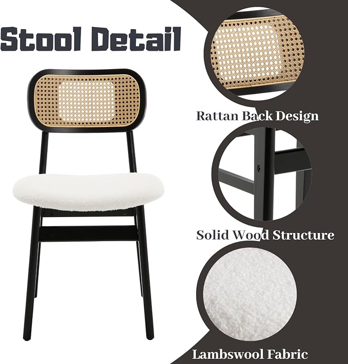 ROCITY Black Rattan Dining Chairs Set of 4 Lambswool Dining Room Chairs Natural Wooden Kitchen Chairs Farmhouse Boho
