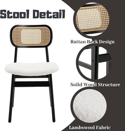 ROCITY Black Rattan Dining Chairs Set of 4 Lambswool Dining Room Chairs Natural Wooden Kitchen Chairs Farmhouse Boho