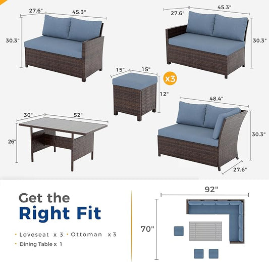 Wisteria Lane 7 Piece Patio Furniture Set, High Curved Back Wicker Patio Sectional, All Weather Outdoor Dining Set, Outdoor Furniture Patio Conversation Set with Ottoman, Blue