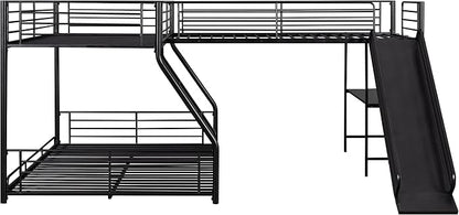 Flieks L-Shaped Twin Over Full Bunk Bed with Twin Size Loft Bed,Built-in Desk and Slide,Black