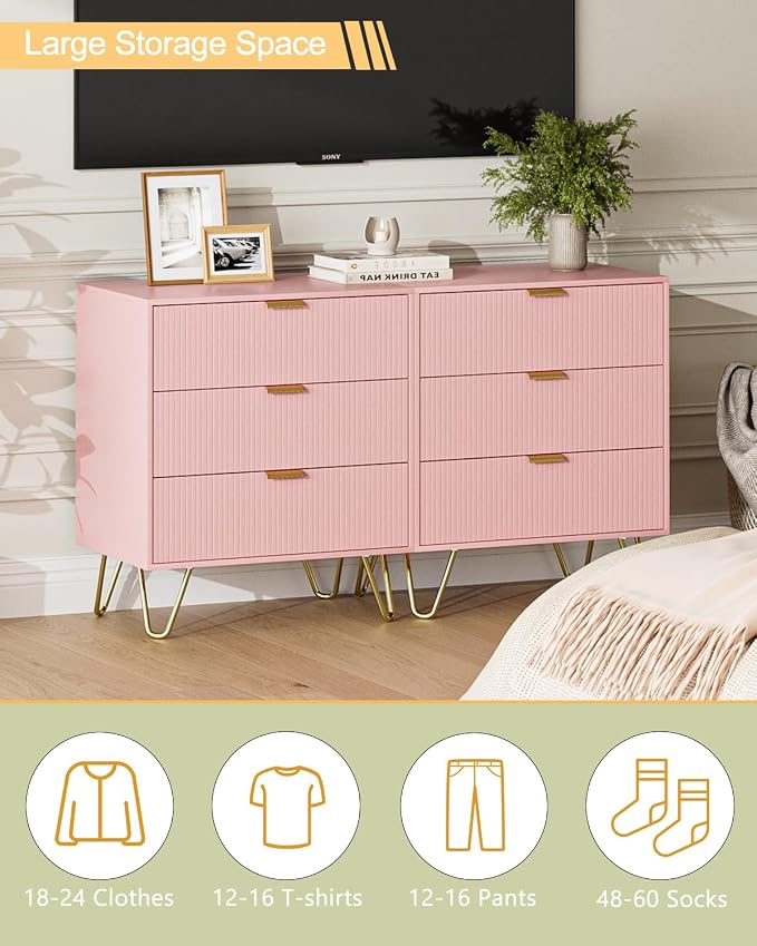 Fluted 3 Drawer Dresser for Bedroom, Modern Storage Bedroom Dresser Chest Cabinet Organizer with Anti-Tip Hardware for Living Room, Dressing Room, Kids Room, Office (Pink)