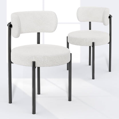 PatioPerk Boucle Dining Chairs Set of 2, White Mid Century Morden Chair with Curved Backrest, Round Upholstered Sherpa with Metal Legs, Suitable for Various Kitchen Styles