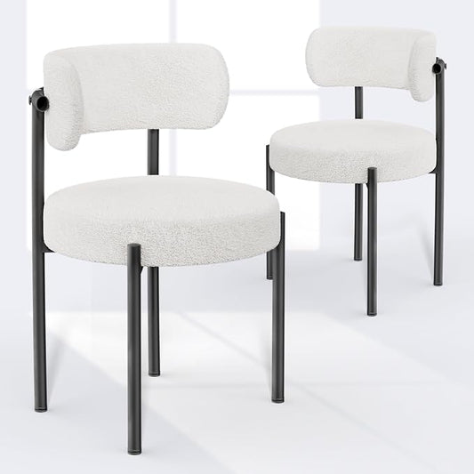 PatioPerk Boucle Dining Chairs Set of 2, White Mid Century Morden Chair with Curved Backrest, Round Upholstered Sherpa with Metal Legs, Suitable for Various Kitchen Styles