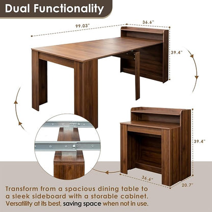 20"-99" Extendable Dining Table with Storage for 2-10 People, Modern Modular Extension Table, Space-Saving Extra Long Folding Dining Table, Multifunctional Conference Meeting Table, Walnut