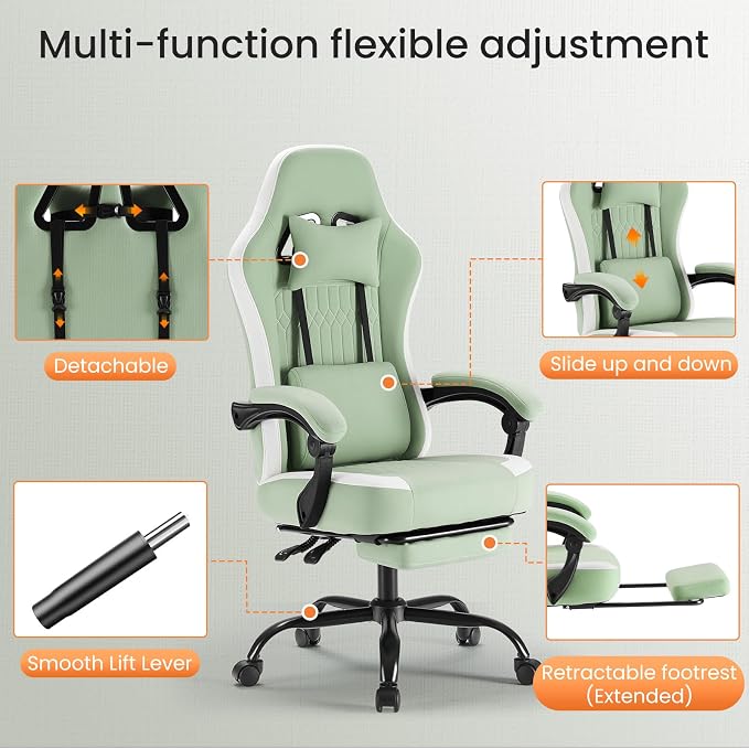 DUMOS Gaming Chair with Linkage Armrests, Video Game Chairs with Pocket Spring Cushion, Ergonomic Computer Silla Gamer Office Desk Chair with Footrest for Adults & Students, Mint Green