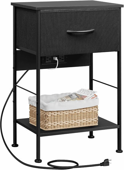 WLIVE Night Stand with Charger Station, Small Nightstand with 1 Fabric Drawer and Open Wood Shelf, 25" H Bedside Table for Bedroom, 2-Tier Storage Side Table for Dorm, Entryway, Black