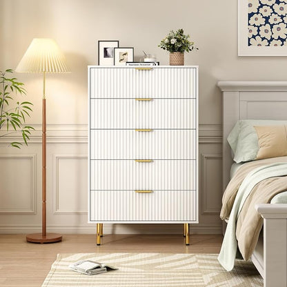 White Fluted 48" Tall Dresser for Bedroom with 5 Drawers and Gold Handle, 30 inch Wide Chest of Drawers Modern Dresser, Wooden Side Table Storage Dressers Organizer for Living Room