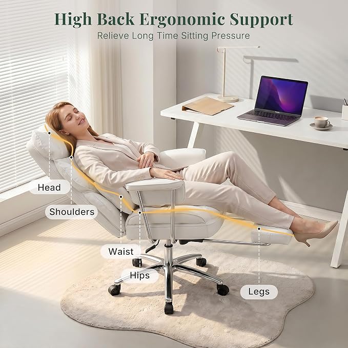 Executive Ergonomic Office Chair, PU Leather High Back Reclining Office Chair with Footrest and Lumbar Support, Height Adjustable Rolling Swivel Computer Chair for Home Office,White