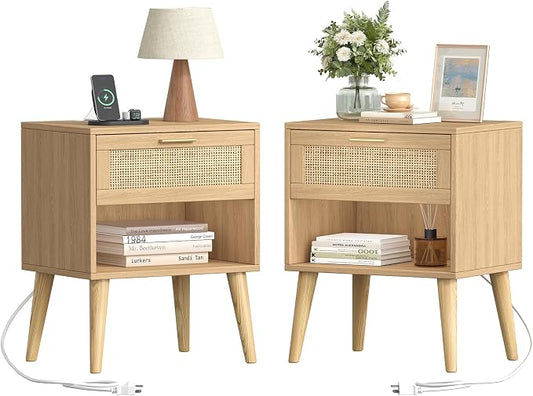 Keehusux 17.7" W x 15.7" D Rattan Nightstand Set of 2, Night Stand with Charging Station, Bedside Table with Open Shelf & Solid Wood Legs, Boho Night Stand with Drawer, End Table for Bedroom, Natural