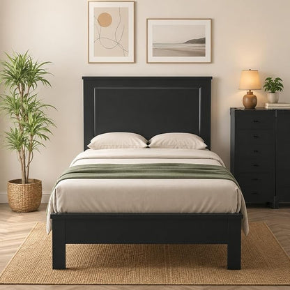 Wood Bed Frames with Headboard, Mid Century Bed Frame with Solid Wood Legs & Wooden Slat Support, Mattress Foundation Bed Base, No Box Spring Needed, (Black, Twin)