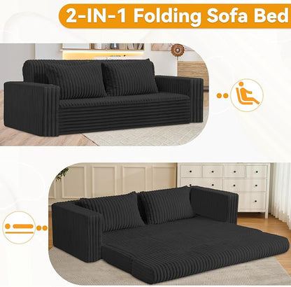 HABUTWAY 78" Loveseat Boneless Couch, 4-in-1 Convertible Sofa Bed, Plush Fur Folding Futon Sofa Bed Couches with 2 Pillows for Living Room, High-Density Foam Support, No Assembly Required, Black