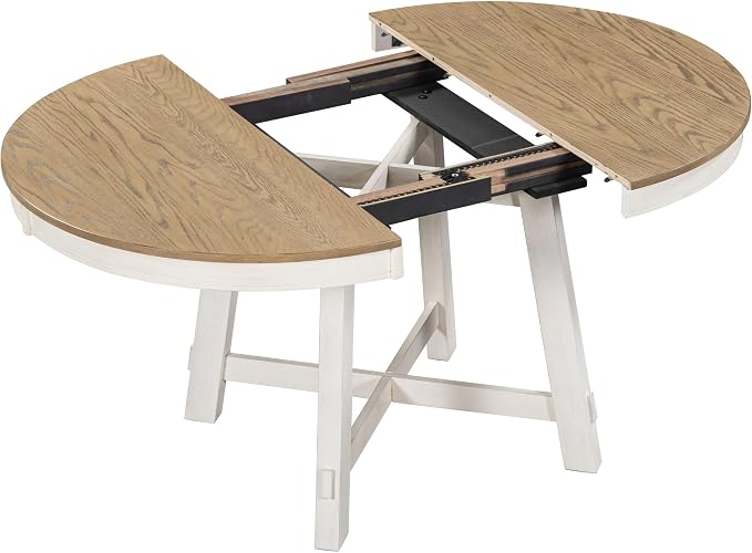 LUMISOL 42"-58" Extendable Round Dining Table for 4-8, Farmhouse Oval Kitchen Table with Removable Leaf, Solid Wood Dinner Tables for Kitchen, Dining Room, Small Space, Oak+Antique White