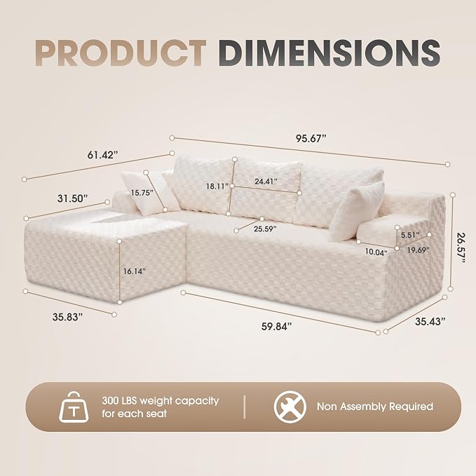 Hobestluk Boneless Couch Modular Sectional Sofa L-Shape Couch 3 Seat Modular Couch Memory Foam Sectional Couches for Living Room Furniture, Cloud Couch with Chaise Lounge (96" Left Facing Chaise)