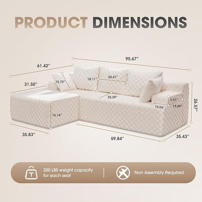 Hobestluk Boneless Couch Modular Sectional Sofa L-Shape Couch 3 Seat Modular Couch Memory Foam Sectional Couches for Living Room Furniture, Cloud Couch with Chaise Lounge (96" Left Facing Chaise)