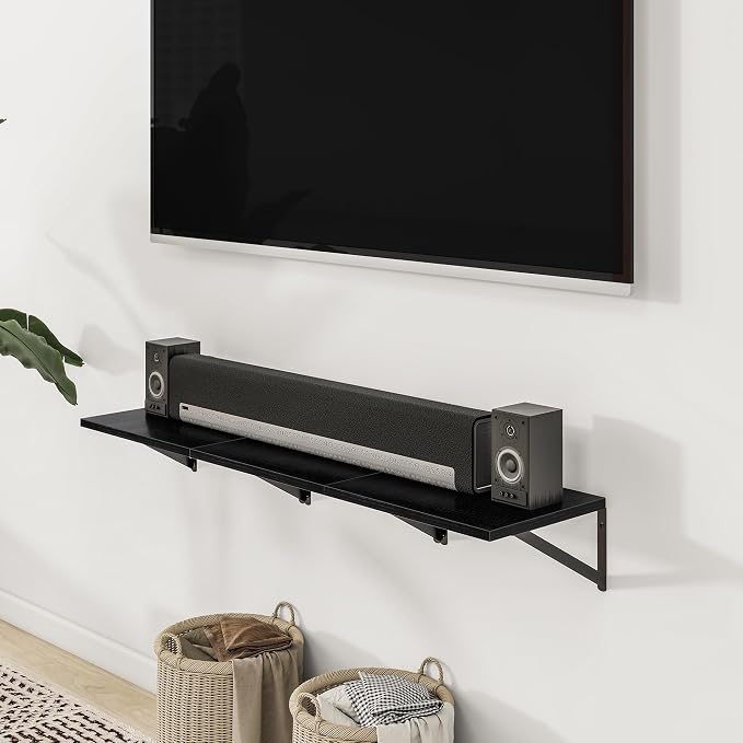 Heimlove Deep Floating Shelves for Wall, Wood Wall, Wide Floating Bookshelf for Living Room, Kitchen, Office, Bedroom and Decor Storage,Black with Metal Bracket, 24wx12dx5.8h, 3Shelves