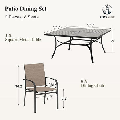 HERA'S HOUSE 9 Pieces Patio Dining Set, Outdoor Table and Chairs Set for 8, 8 x Brown Textilene Dining Chair and 57.5" Square Metal Dining Table, Outdoor Dining Sets for Lawn Garden Backyard Deck