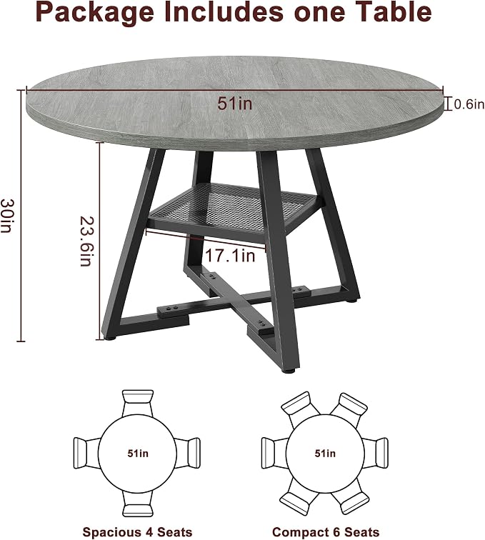 Jocoevol 51" Round Dining Table for 6,Kitchen Dining Room Circle Dinner Pedestal Table,Space Saving Wood Kitchen & Dining Room Furniture (Grey, 51In)
