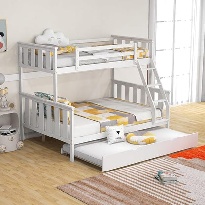 KOMFOTT Twin Over Full Bunk Bed with Trundle, Wood Bunk Bed with Pull-Out Trundle Bed, Solid Wood Frame, Ladder & Safety Guardrails, Convertible to 2 Separated Beds, No Box Spring Needed (White)