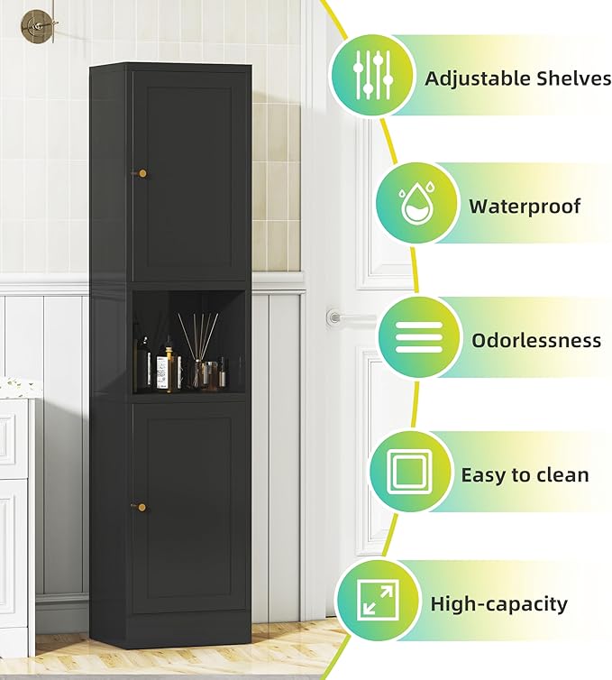 69" Tall Metal Pantry Cabinet with Microwave Stand,Microwave Storage Cabinet with 2 Doors & 3 Adjustable Shelves for Kitchen (2doors-Black, 11.81" D x 15.75" W x 66.93" H)