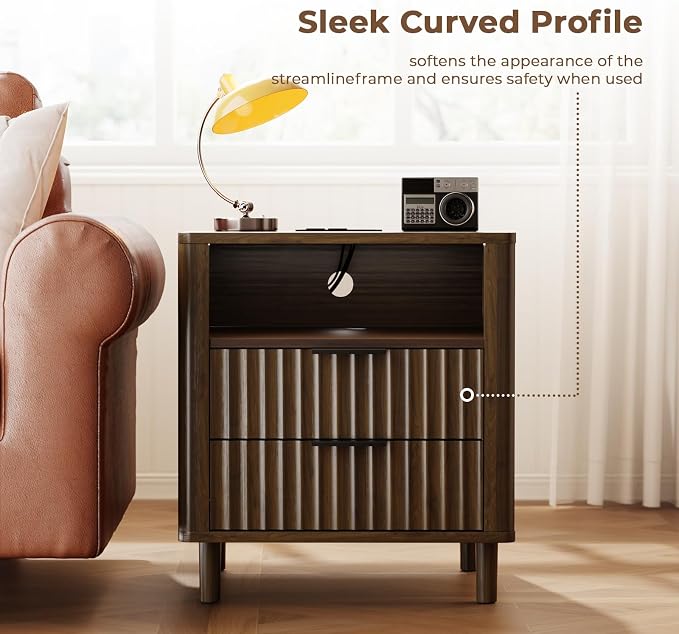 Fluted Nightstand with Charging Station, 2 Drawers Storage Bedside Table, Solid Wood Modern Nightstand with Open Shelf, Curved Profile Design, End Table for Indoor Room Bedroom Office, Walnut