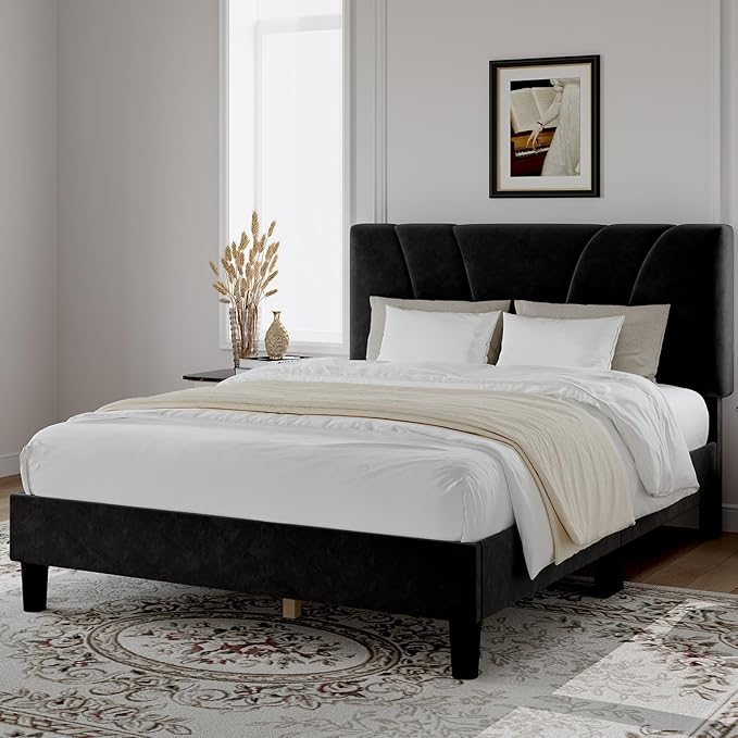 Novilla Queen Bed Frame, Queen Size Bed Frame with Wooden Slats Support, Velvet Upholstered Headboard, No Box Spring Needed, Heavy Duty Feet, Easy Assembly, Black Velvet