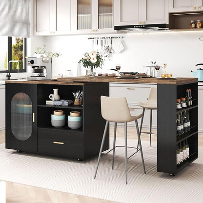 HSH 72" Rustic Kitchen Island with Storage, Mobile Farmhouse Kitchen Island Cart with Cabinet, Drawer & Shelves, Island Table on Wheels for Meal Prep, Dining Room & Home Bar, Rustic Brown & Black Oak