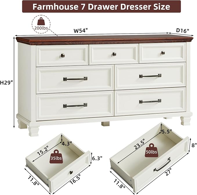 SAVOR LIFE Farmhouse 7 Drawer Dresser for Bedroom, 54” Wood Dresser for Closet, Large Rustic Wooden Dressers, Chest of Drawers for Bedroom, Hallway, Entryway, White