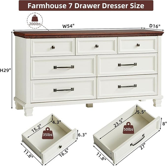 SAVOR LIFE Farmhouse 7 Drawer Dresser for Bedroom, 54” Wood Dresser for Closet, Large Rustic Wooden Dressers, Chest of Drawers for Bedroom, Hallway, Entryway, White