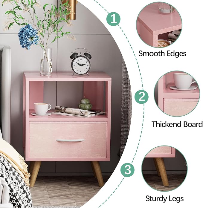 Aenuert Night Stand, Pink Kids Nightstand with Drawer, Nursery Side Table with Open Storage, 2-Tier Modern End Table, Bedside Table for Small Space, Living Room, Bedroom