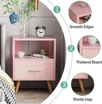 Aenuert Night Stand, Pink Kids Nightstand with Drawer, Nursery Side Table with Open Storage, 2-Tier Modern End Table, Bedside Table for Small Space, Living Room, Bedroom