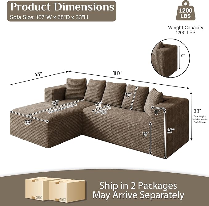 Oversized L Shaped Boneless Sectional Couches for Living Room, 107" Comfy Fluffy Cloud Modular Sectional Sofa, Plush Corduroy Memory Foam Floor Sofa with Left Facing Chaise Couch